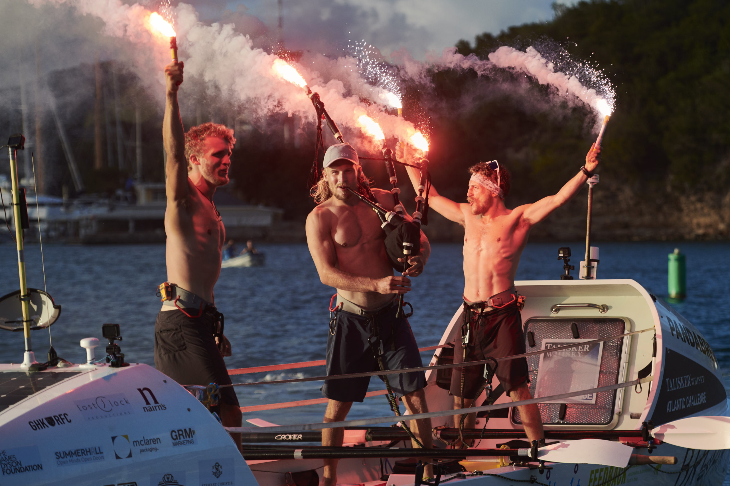 Record-breaking: The brothers at the end of their Atlantic row.