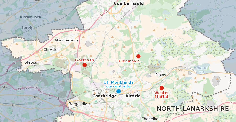 Shortlisted areas for new Monklands hospital.