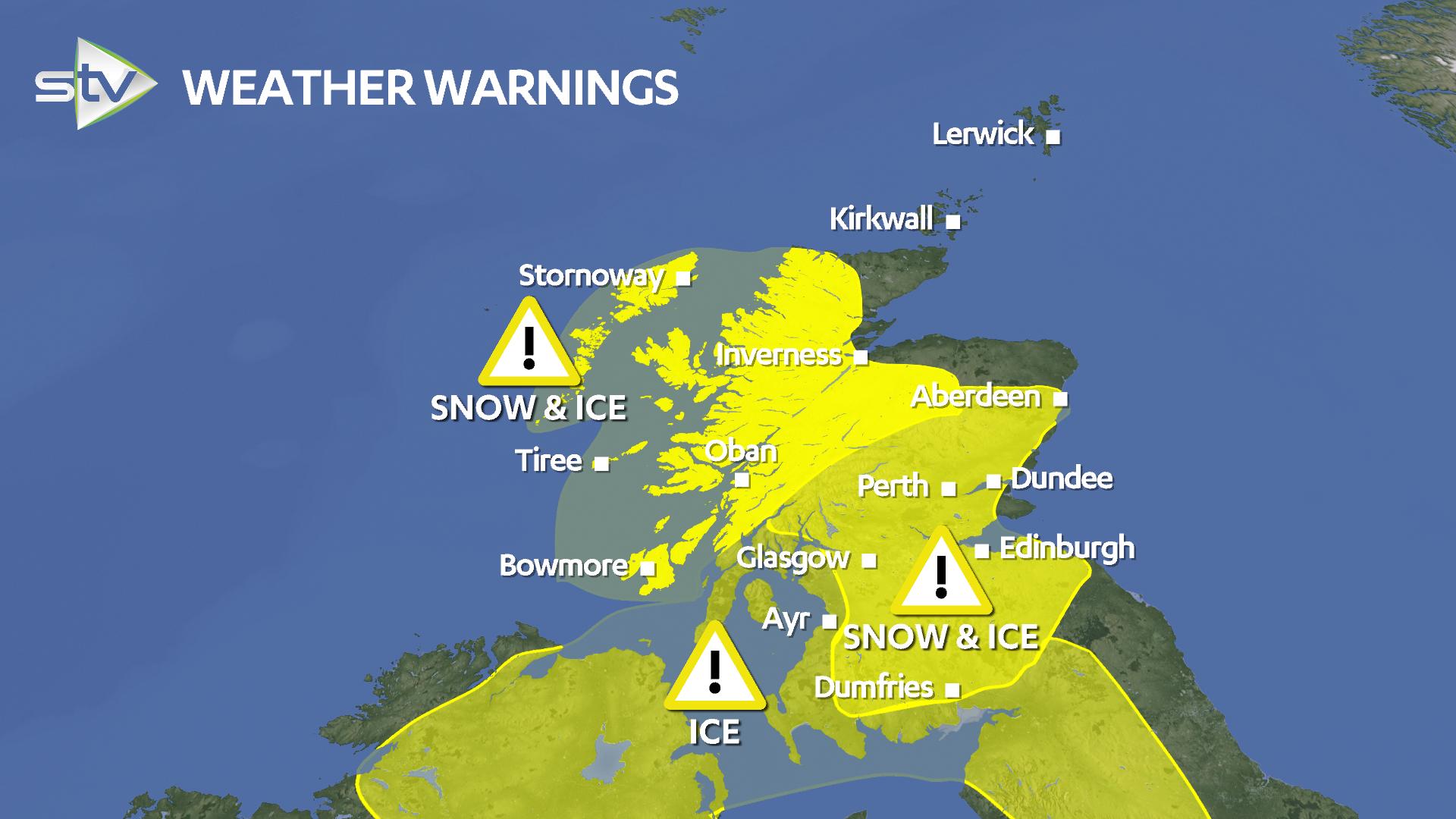 A snow and ice warning has been issued for huge swathes of Scotland.
