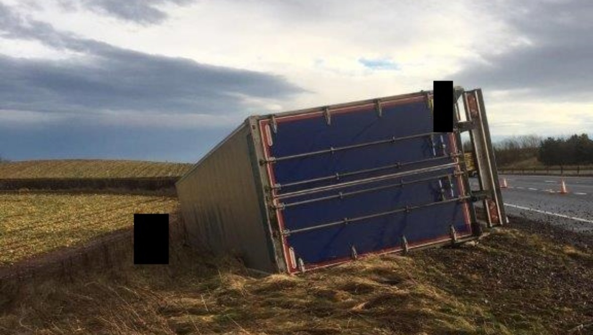 Overturned: Lorry on A1                                                                                  Credit: Traffic Scotland 
