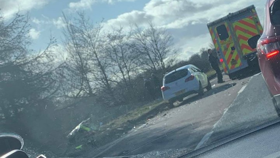 Crash: The vehicle went off road after the incident. <strong>Fife Jammer</strong>”/><cite class=cite></cite></div><figcaption aria-hidden=true>Crash: The vehicle went off road after the incident. <strong>Fife Jammer</strong> <cite class=hidden></cite></figcaption></figure><p>The A92 has been closed westbound from Crossgates to Cowdenbeath following the two-vehicle collision.</p><p>Police said diversions have been put in place and urged motorists to avoid the area.</p><div class=