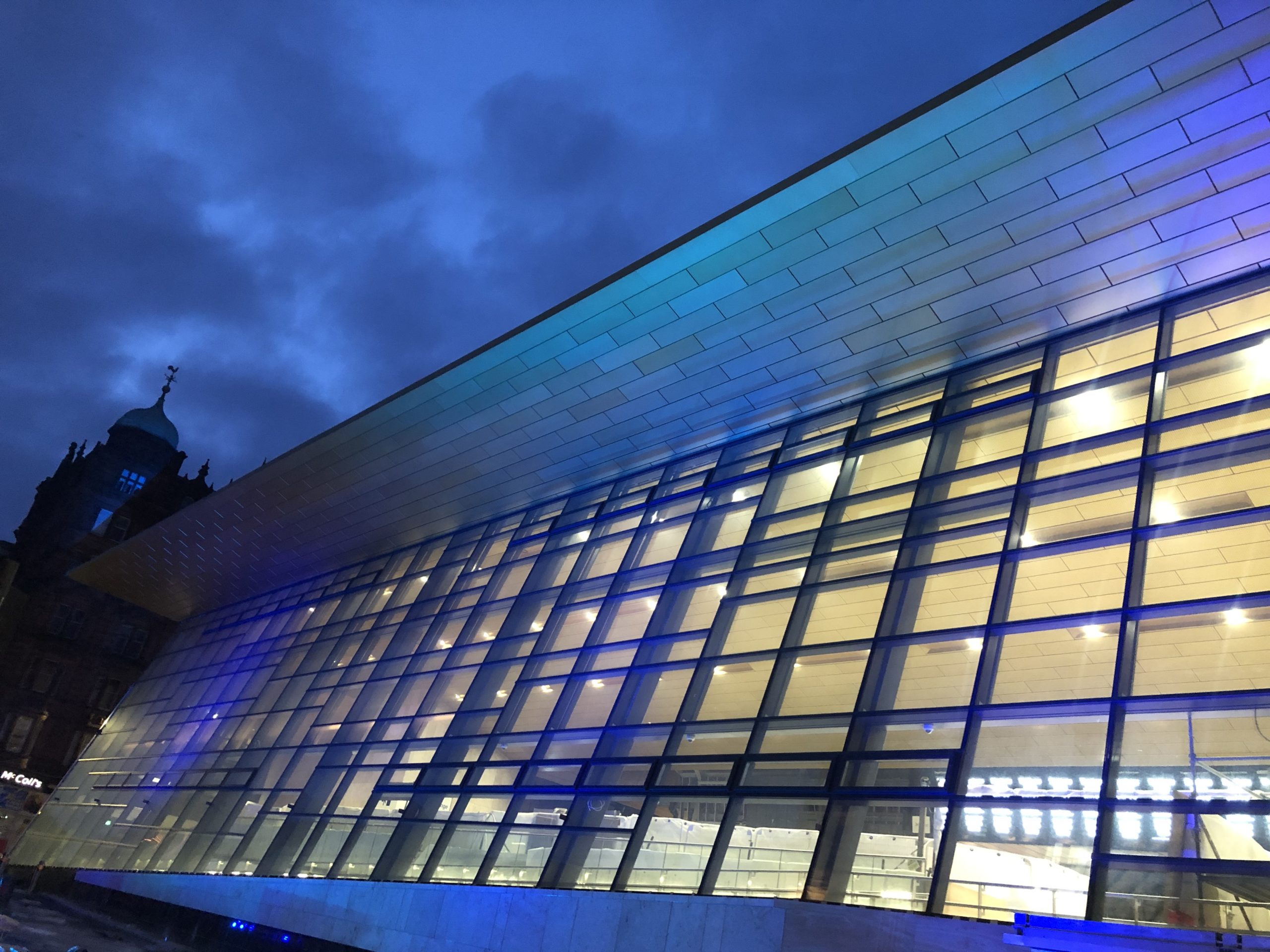 Queen Street: The new glass frontage was lit up blue.