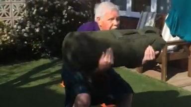 Patriotic Tony, 72, dons kilt to work out in garden