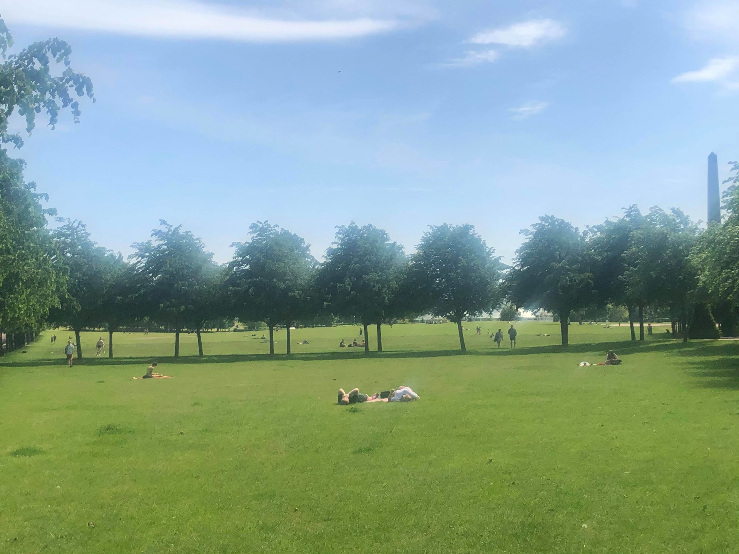 Sunbathers take their spots on the grass at Glasgow Green.