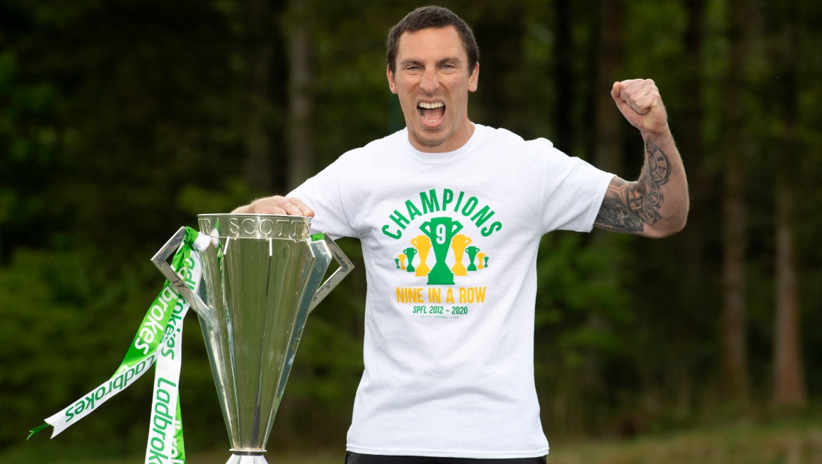 Captain: Scott Brown with the Scottish Premiership trophy.