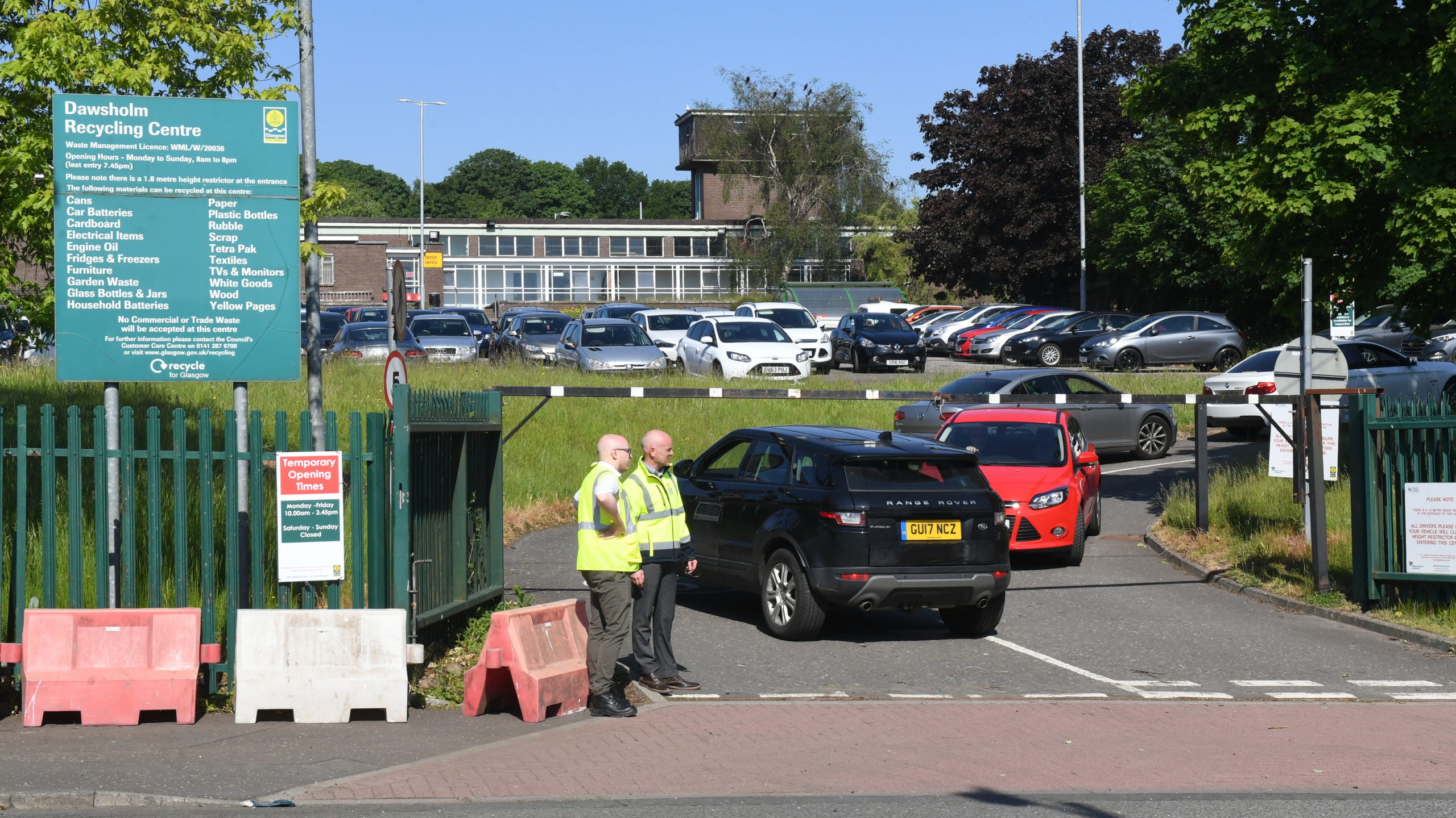 Cars entering Dawsholm Recycling Centre in Glasgow.