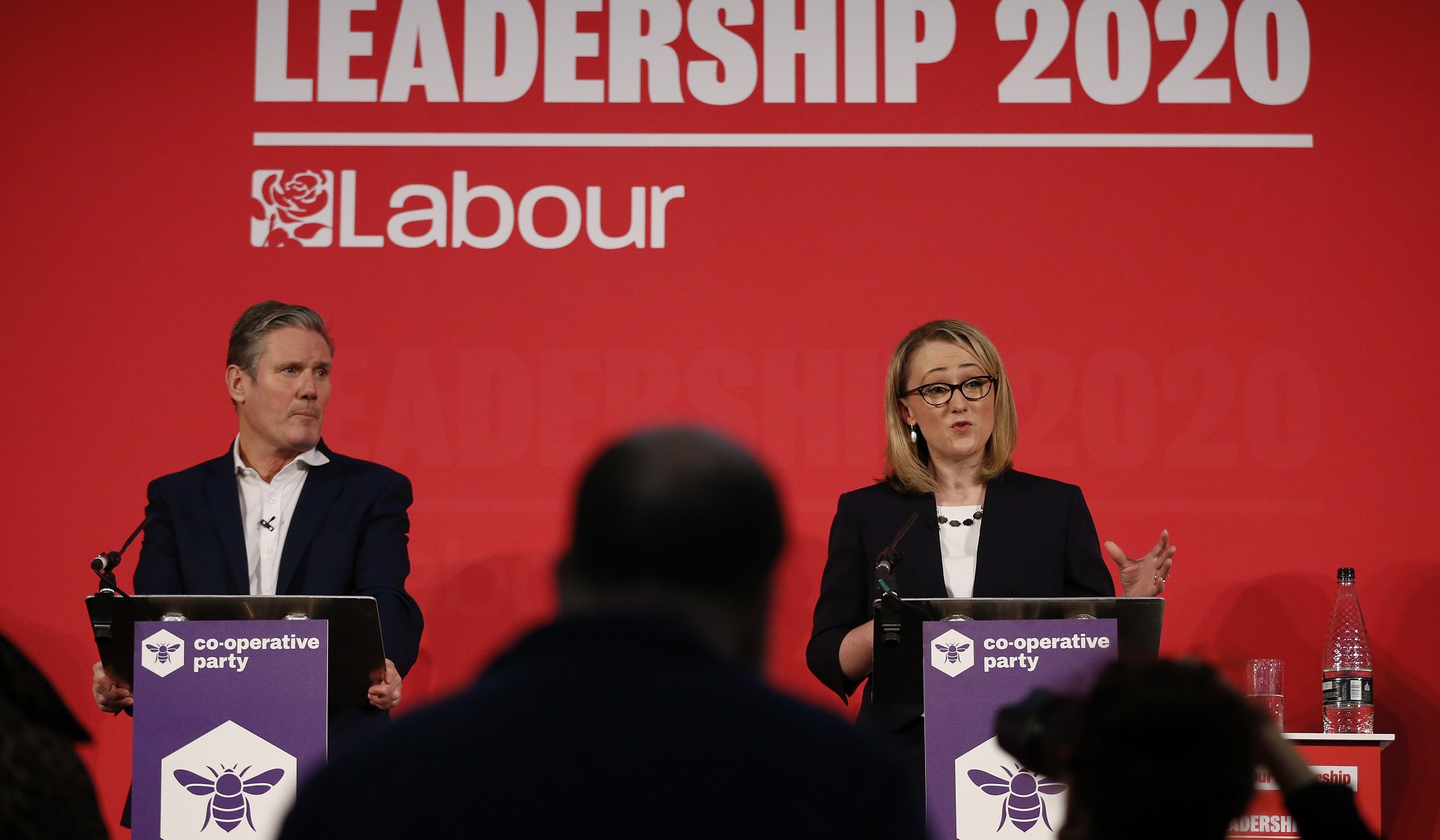 Keir Starmer listens to Rebecca Long-Bailey at a Labour leadership hustings in February.