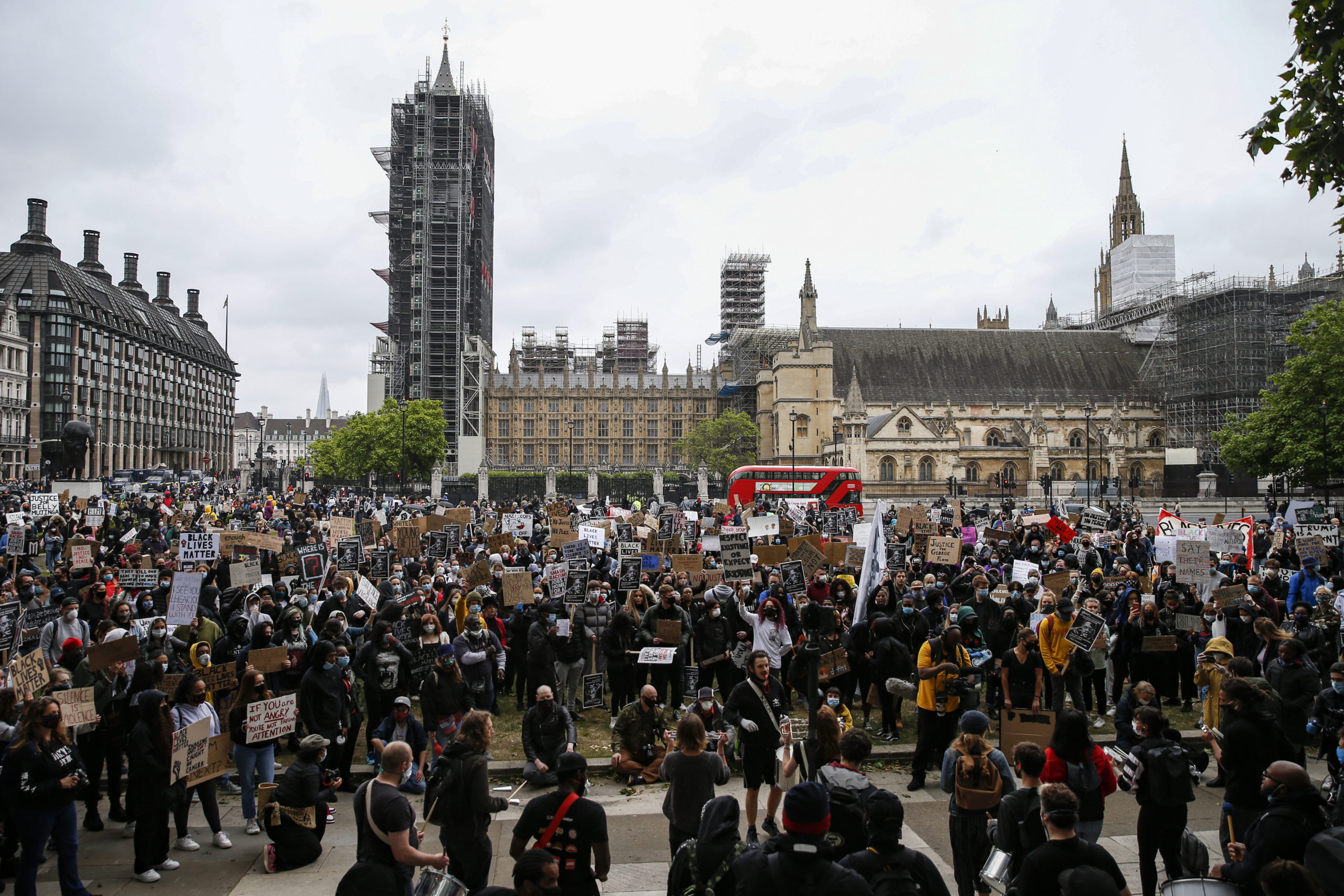 Protests: People holding placards in London on Saturday. <strong>Getty</strong>”/><cite class=cite></cite></div><figcaption aria-hidden=true>Protests: People holding placards in London on Saturday. <strong>Getty</strong> <cite class=hidden></cite></figcaption></figure><p>Anti-racism protests went ahead south of the border on Saturday, despite officials advising against mass gatherings due to the coronavirus pandemic.</p><p>Thousands gathered in cities such as London, Manchester, Cardiff and Leicester.</p><p>Ahead of the protests planned in Scotland, campaigners renamed streets in Glasgow city centre that have links to the slave trade.</p><p>In several streets, signs with a black background and white font have appeared alongside the originals, as activists replace the names of tobacco lords and slave trade owners in favour of black activists, slaves and those killed by police officers.</p><p>Cochrane Street — named after Andrew Cochrane, an 18th-century tobacco lord — was alternatively named ‘Sheku Bayoh Street’.</p><p>Buchanan Street, named after a slave owner, was renamed George Floyd Street.</p><p>Mr Floyd, 46, <a href=https://news.stv.tv/scotland/george-floyd-protests-making-voices-heard-in-lockdown?top>died in police custody</a> in Minnesota on May 25 – the incident was captured by onlookers on their phones.</p><p>He could be heard pleading for air as a white police officer was seen kneeling on his neck.</p><div class=