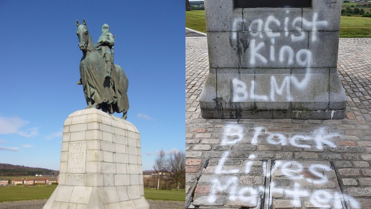 Robert the Bruce statue at Bannockburn covered in graffiti
