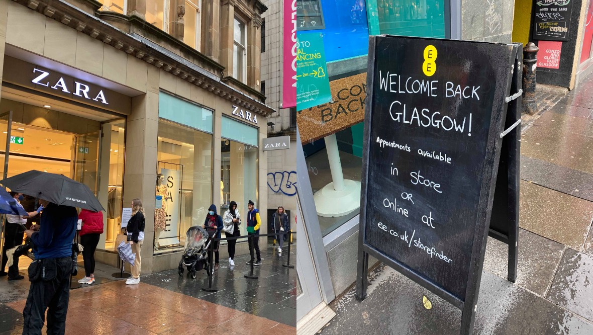 Shoppers in Glasgow wait to get into Zara, while EE was also open for business.
