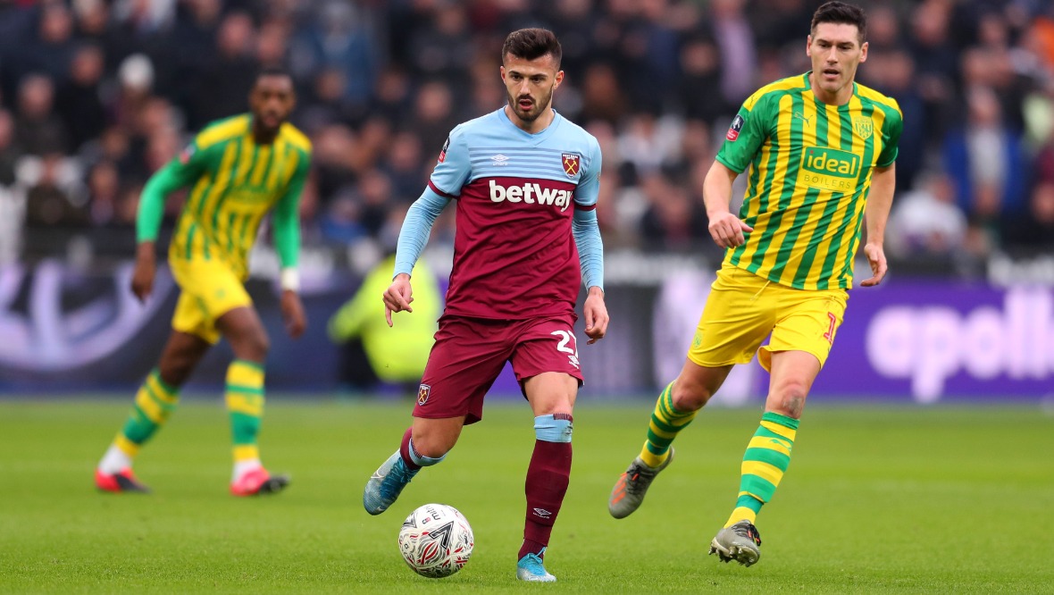 Target: West Ham forward Albian Ajeti. <strong>Getty</strong>” /><span class=