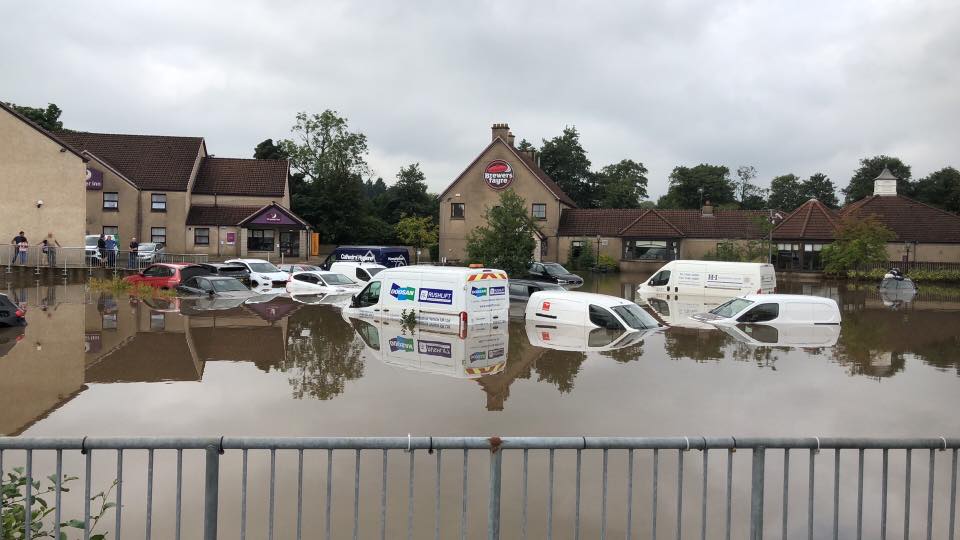 Flooding: The scene at Cadgers Brae Brewers Fayre in Polmont.