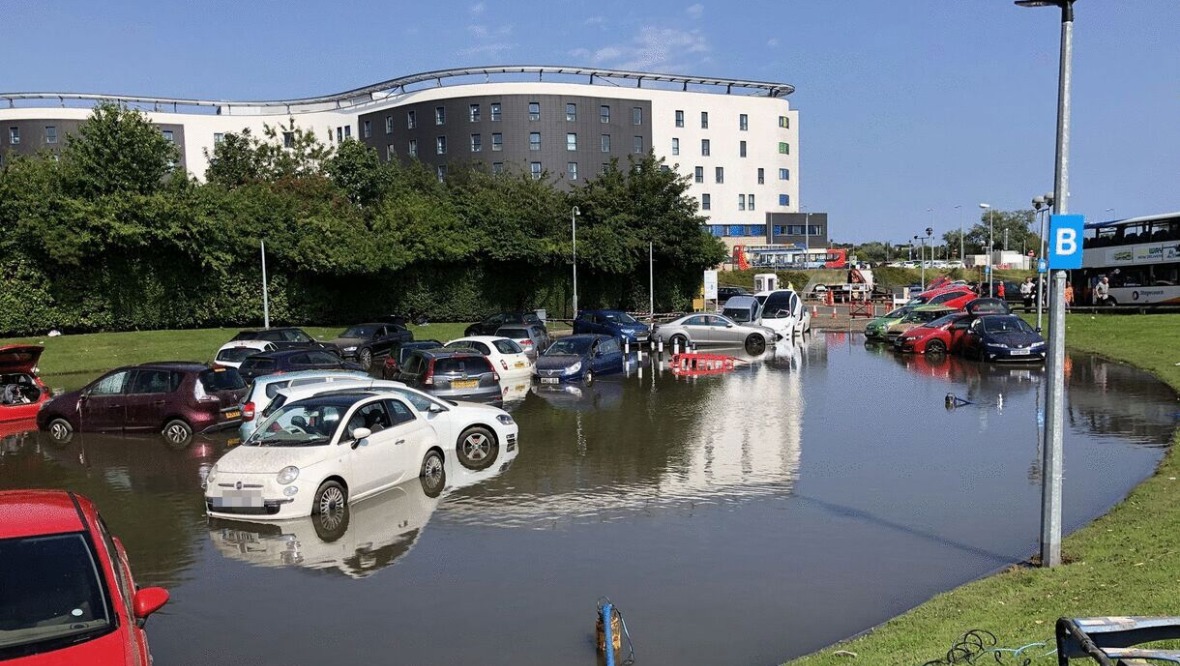 Flooding: Victoria Hospital car park in Kirkcaldy. <strong>STV</strong>” /><span class=