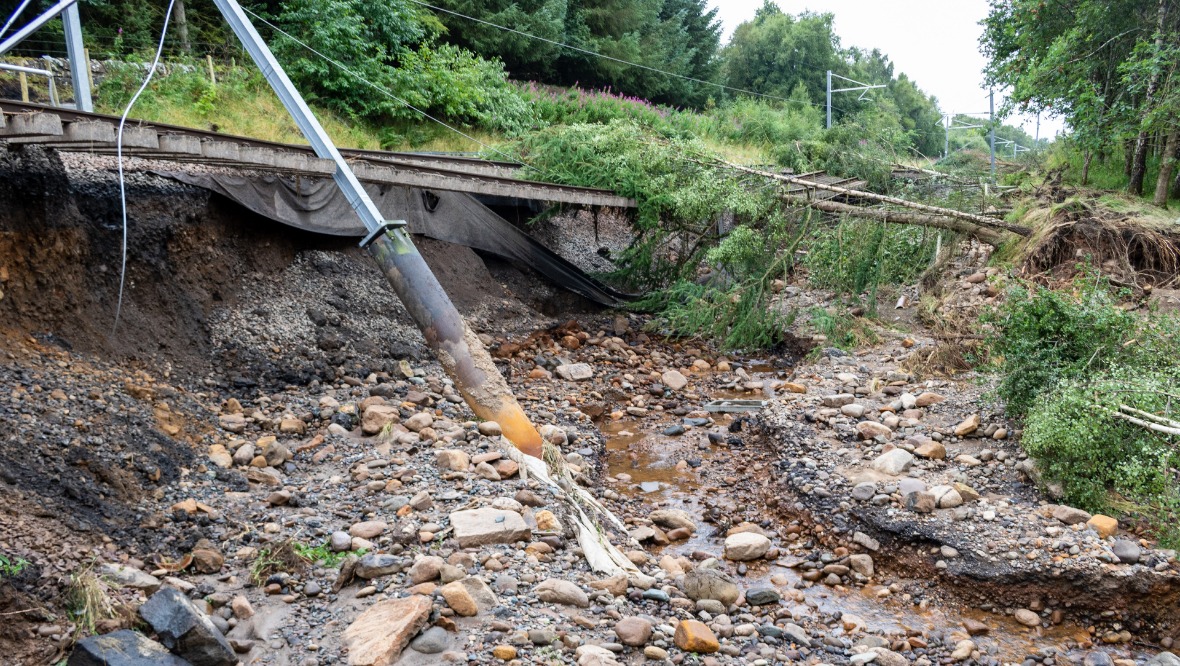 Damage: Sections of the track were washed away. <strong>NETWORK RAIL</strong>” /><span class=