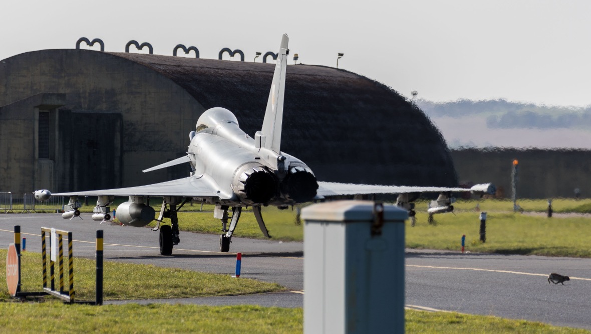 Flying high: It marks the third time in six days the Typhoons have been scrambled in response to Russian planes. <strong>ROYAL AIR FORCE</strong>”/><span
class=