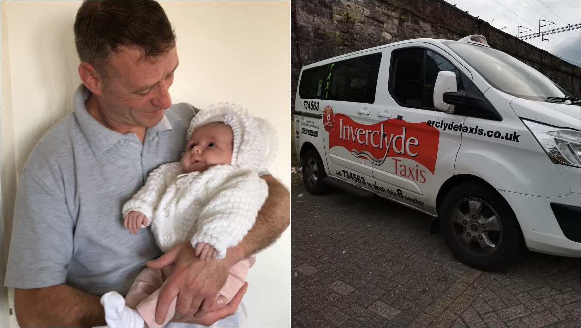 Baby Aria Grace with proud dad Francie alongside taxi where the birth took place.
