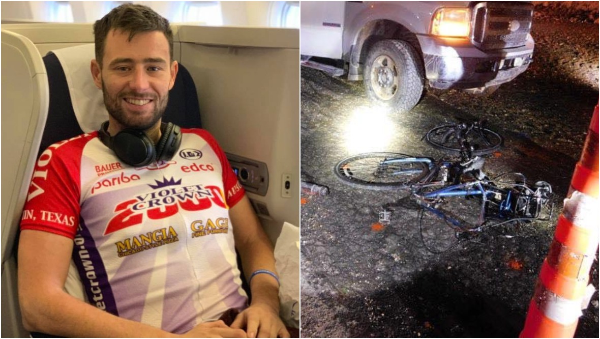 Josh Quigley and his mangled bike after he was hit by a car in Texas.