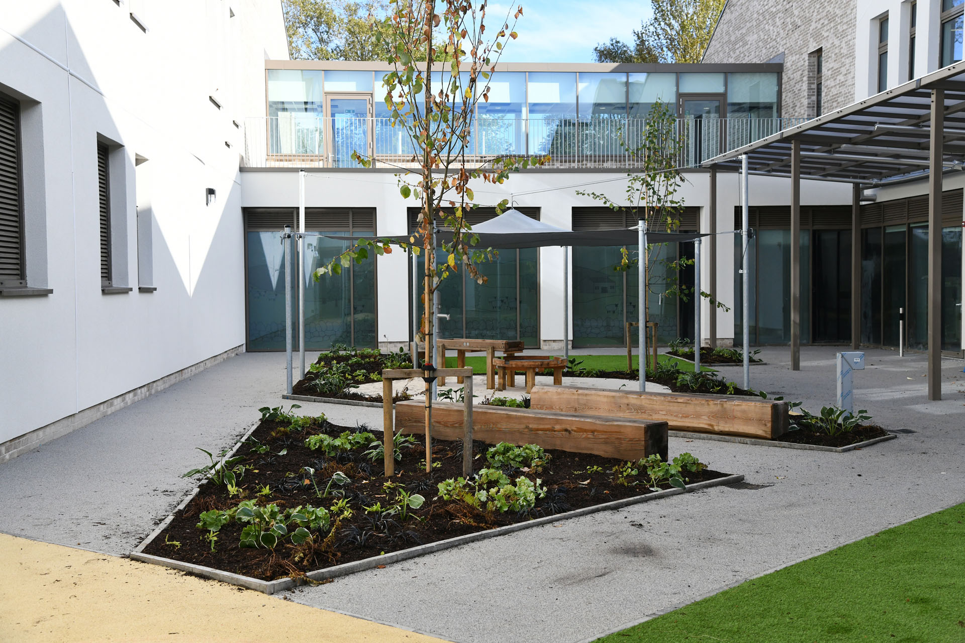 Outdoors: A garden area with plants and benches. 