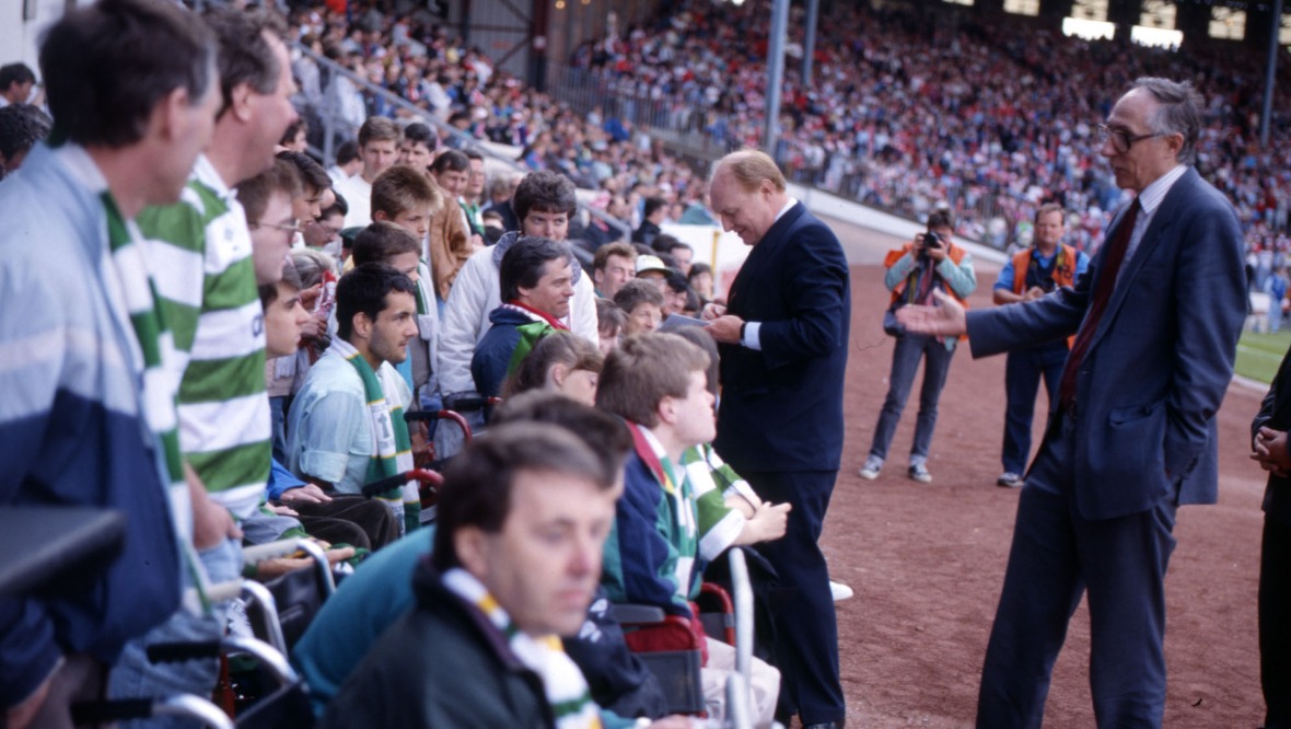 Donald Dewar meets Celtic fans at the 1990 Scottish Cup final.