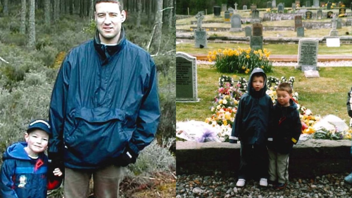 Alistair Wilson pictured with son Andrew (left) and the brothers at his graveside (right).