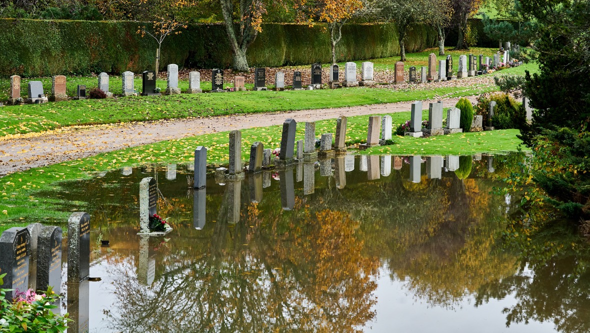 Forres: A cemetery flooded with water.