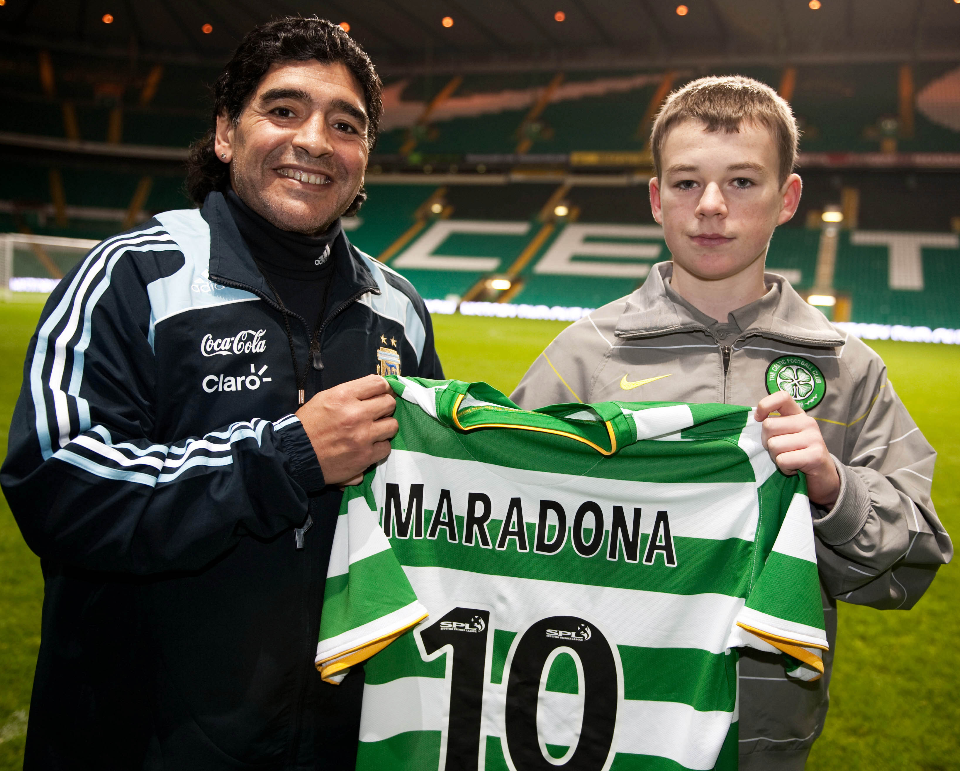 Ball boy Adam Brown, 13, received a special gift from then-Argentina manager Maradona as his squad trained at Celtic Park before a friendly with Scotland.