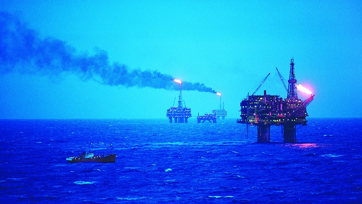 Oil rigs in the Brent oilfield in the North Sea.
