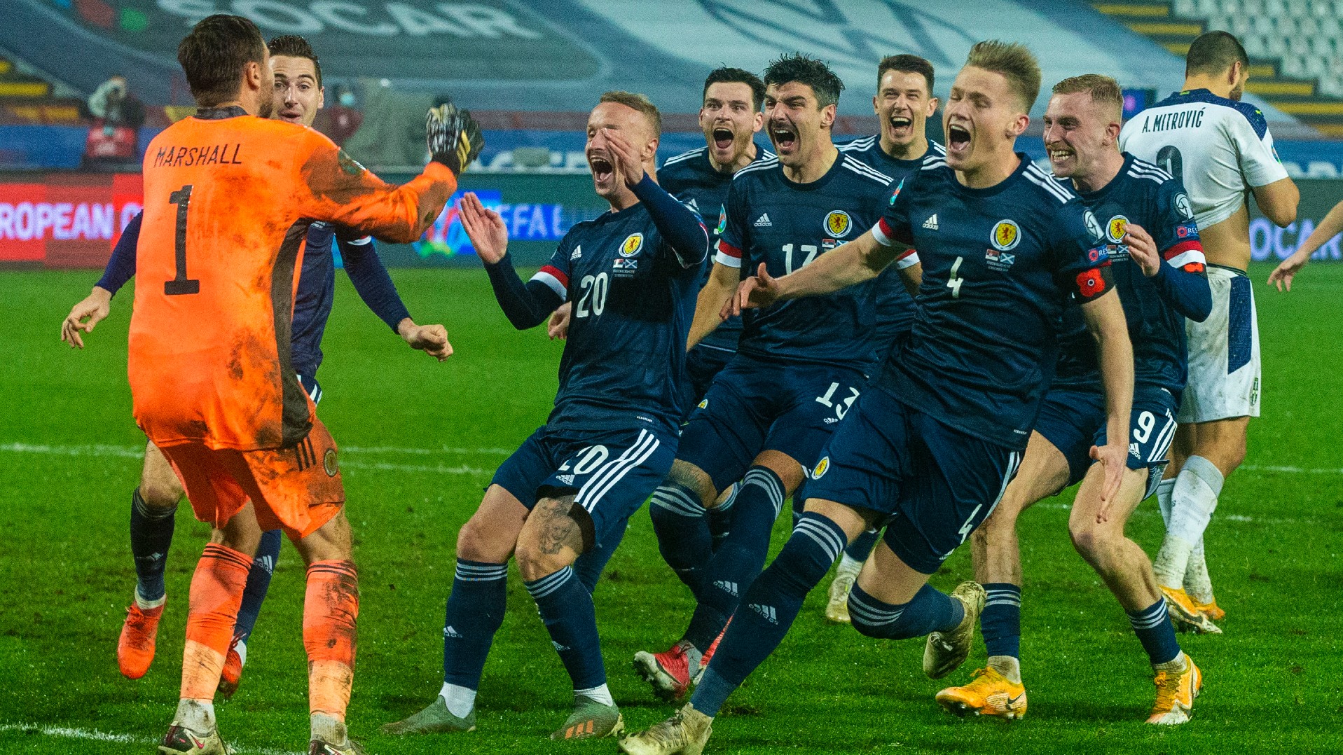 BELGRADE, SERBIA - NOVEMBER 12: Scotland's players celebrate after David Marshall saves Aleksandar Mitrović's celebration during the UEFA Euro 2020 Qualifier between Serbia and Scotland at the Stadion Rajko Mitic on November 12, 2020, in Belgrade, Serbia. (Photo by Nikola Krstic / SNS Group)