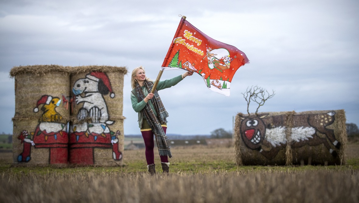 Farmer transforms hay bales into art in aid of food banks