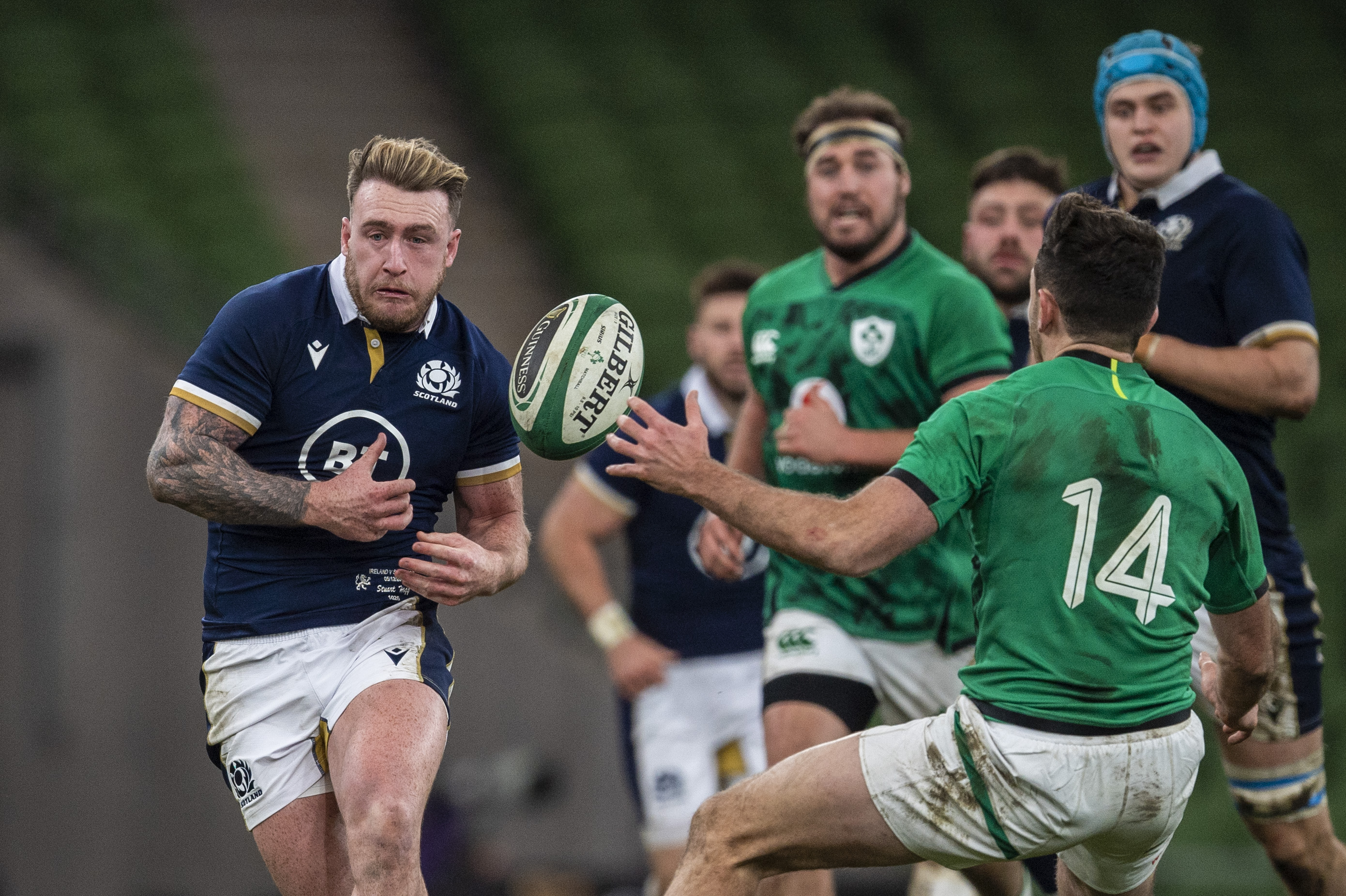 Stuart Hogg spills the ball during the Autumn Nations Cup match against Ireland.