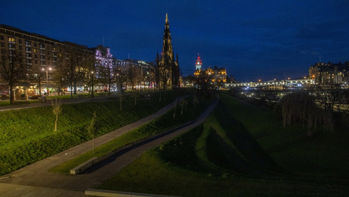 A dark, deserted Princes Street Gardens. 