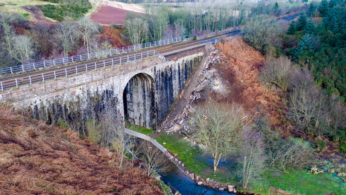 Flooding caused a wall to collapse on the rail network at Stonehaven.