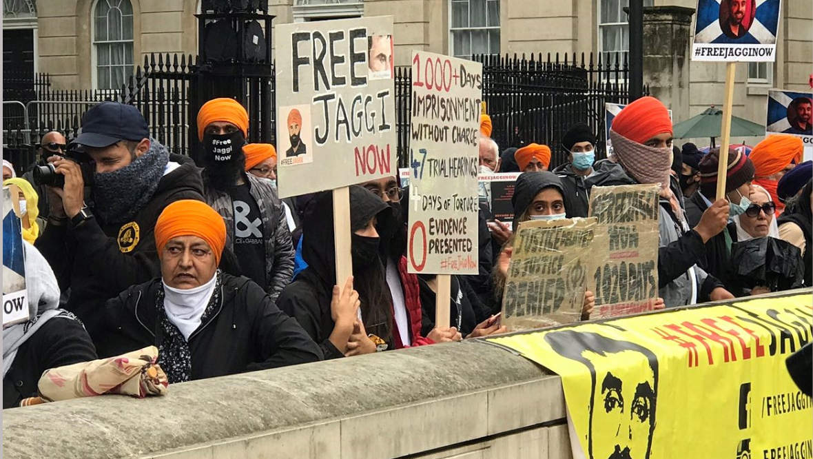 Protest outside Downing Street on August 19, 2020. (Free Jaggi Now).