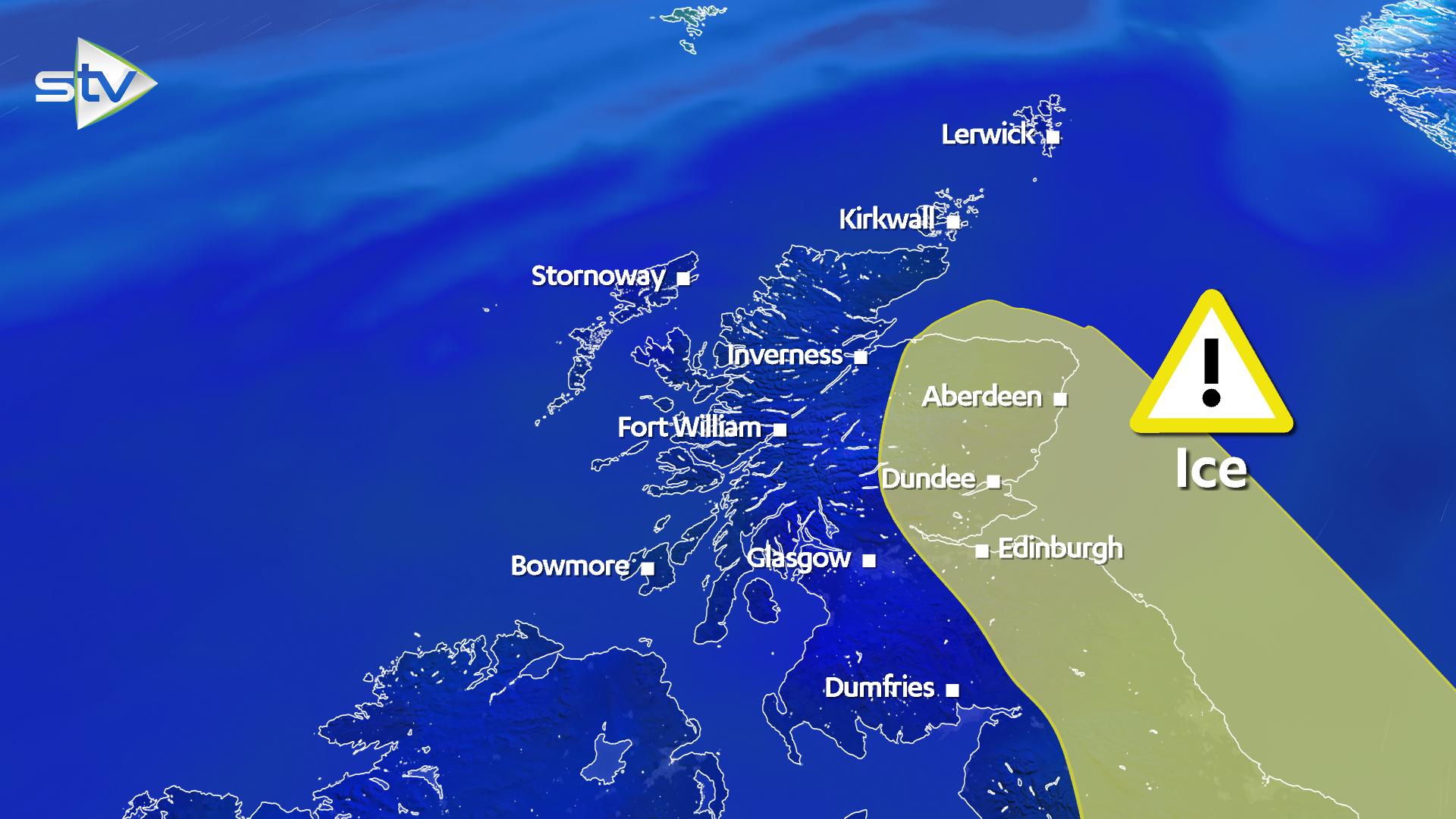 A yellow weather warning for ice has been issued for Monday and Tuesday.