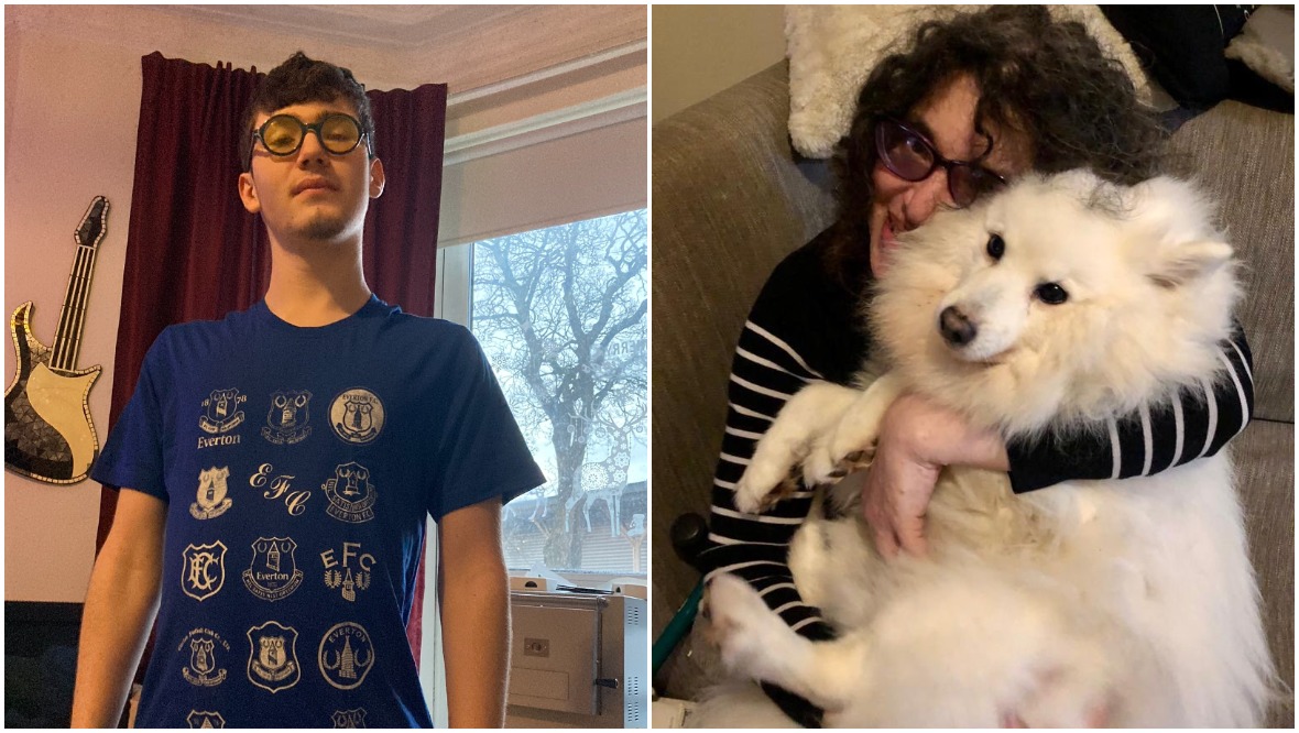 <em>Patrick is a die-hard Everton fan (left), and <em>Indra Joyce with her and Patrick’s dog, a 12-year-old Japanese Spitz named Charlie</em> (@Indra68/Twitter/PA)</em>” /><span class=