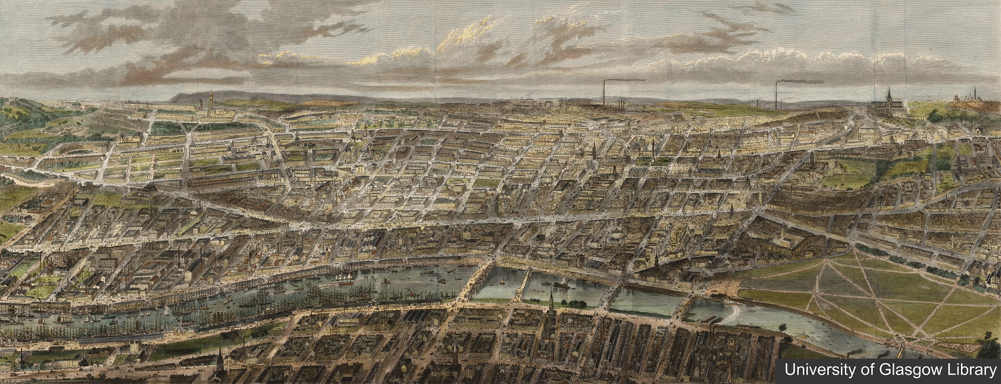 Birds eye view of Glasgow from the University of Glasgow Library archive.