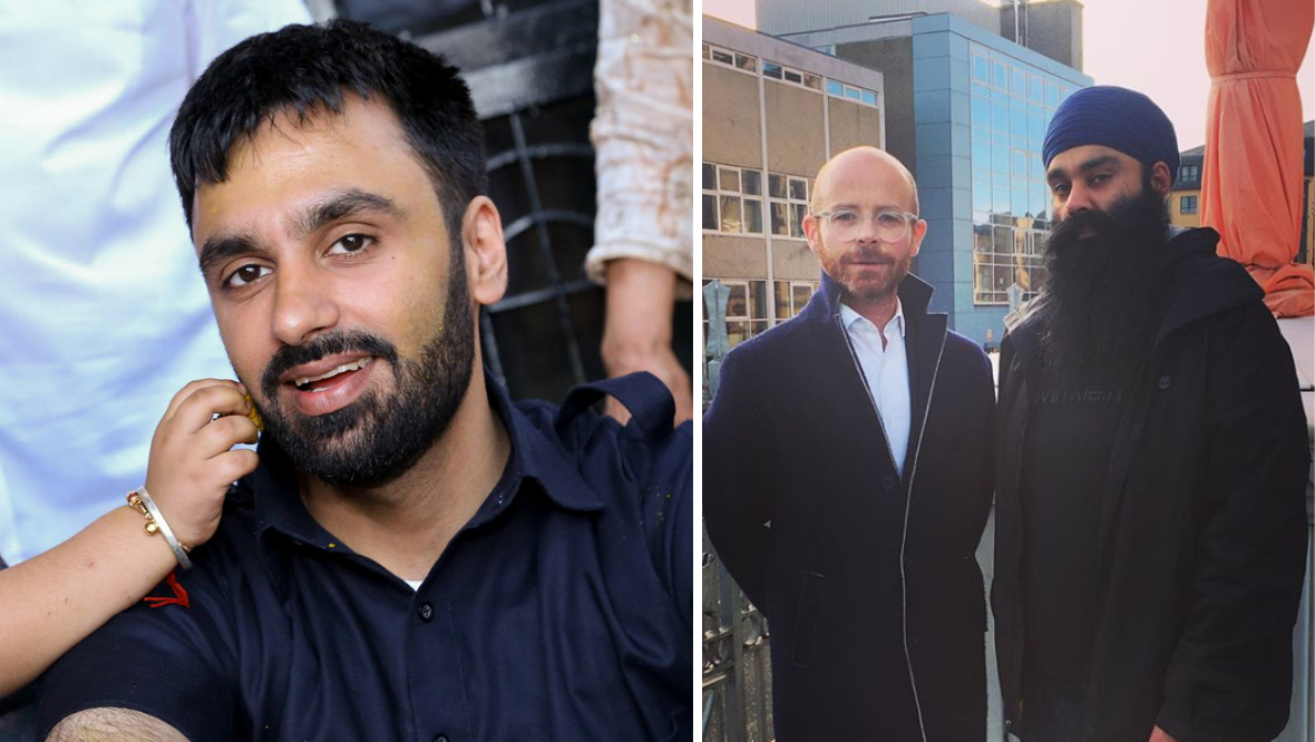 Jagtar Singh Johal (left) and Martin Docherty-Hughes MP with Gurpreet Singh Johal (right).