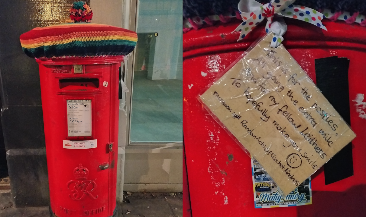 Colourful woolly hat on post box spreads joy to workers