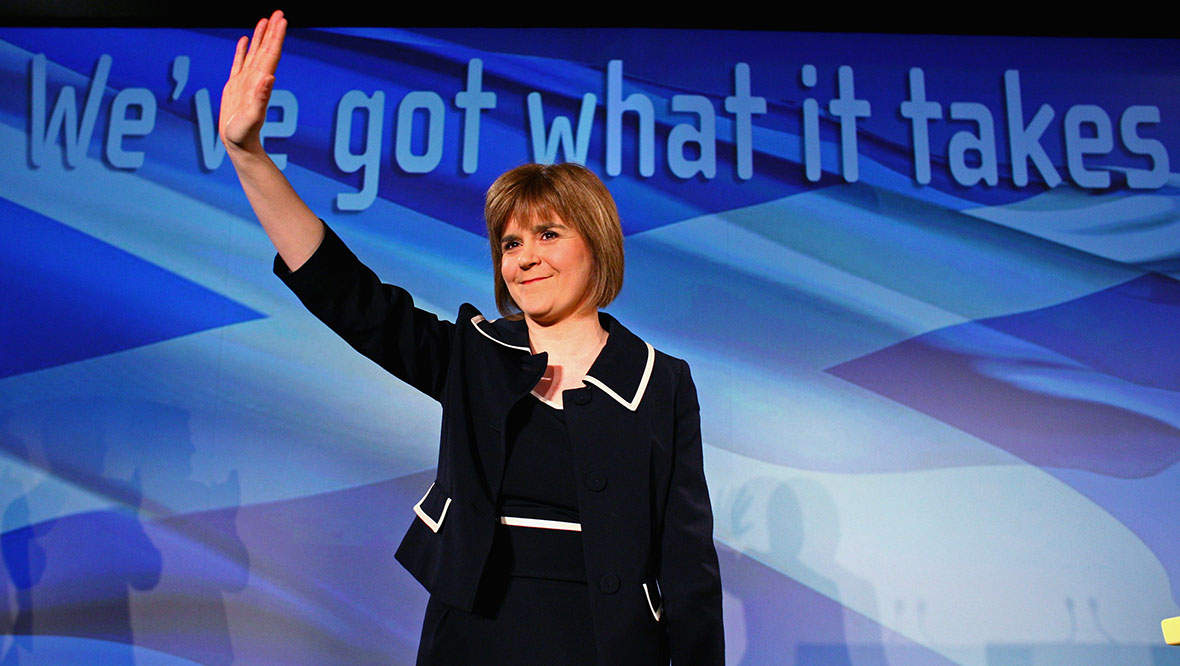 Nicola Sturgeon deputy First Minister takes applause after her key note speech to the Scottish National Party spring conference on April 17, 2009, in Glasgow.