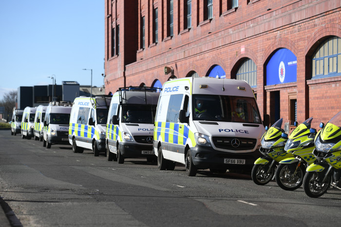 Police vehicles outside Ibrox Stadium after the Old Firm derby at Celtic Park, on March 21, 2021, in Glasgow, (Craig Foy/SNS Group)