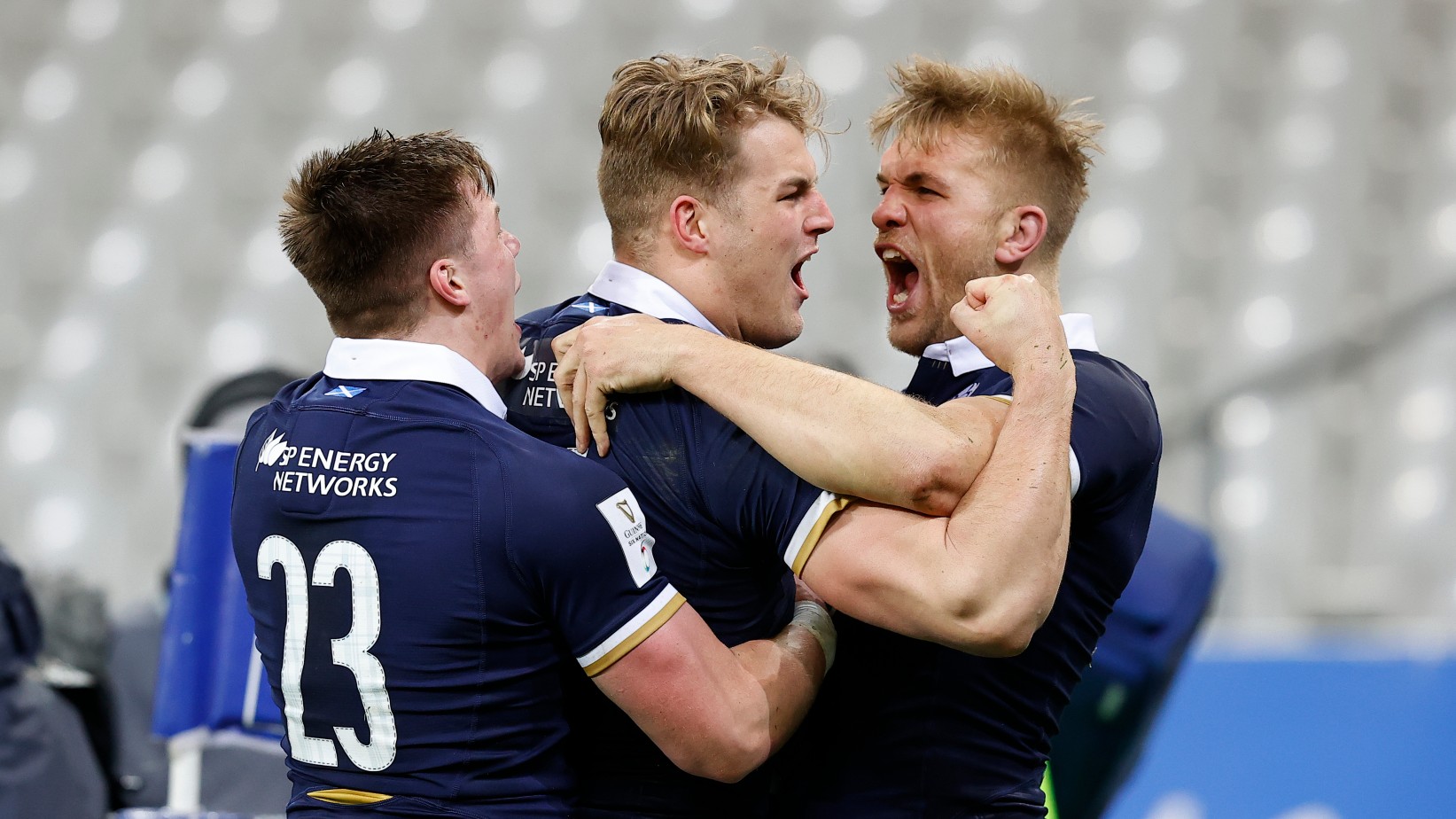 Duhan van der merwe celebrates the winning try during a Guinness Six Nations match between France and Scotland at the Stade de France, on March 26, 2021, in Paris, France. 