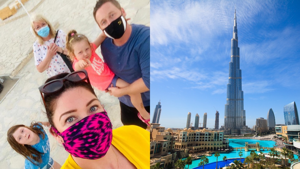 Steven and Julie McCombe in Ras al Khaimah - north of Dubai (right) - with their daughters and Julie's mother.