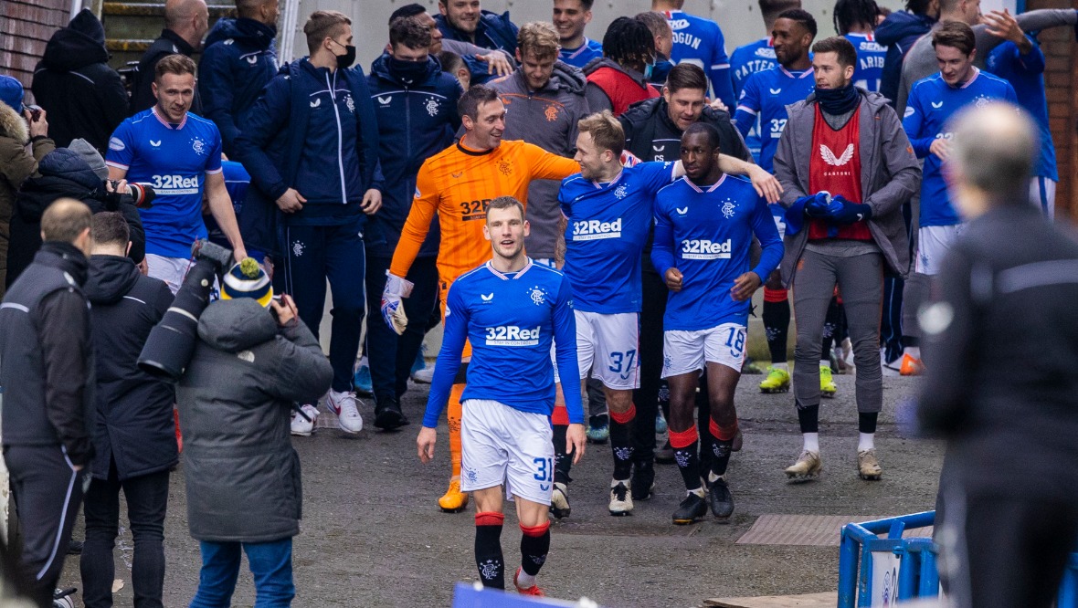Rangers celebrate at full-time in their 3-0 win over St Mirren.