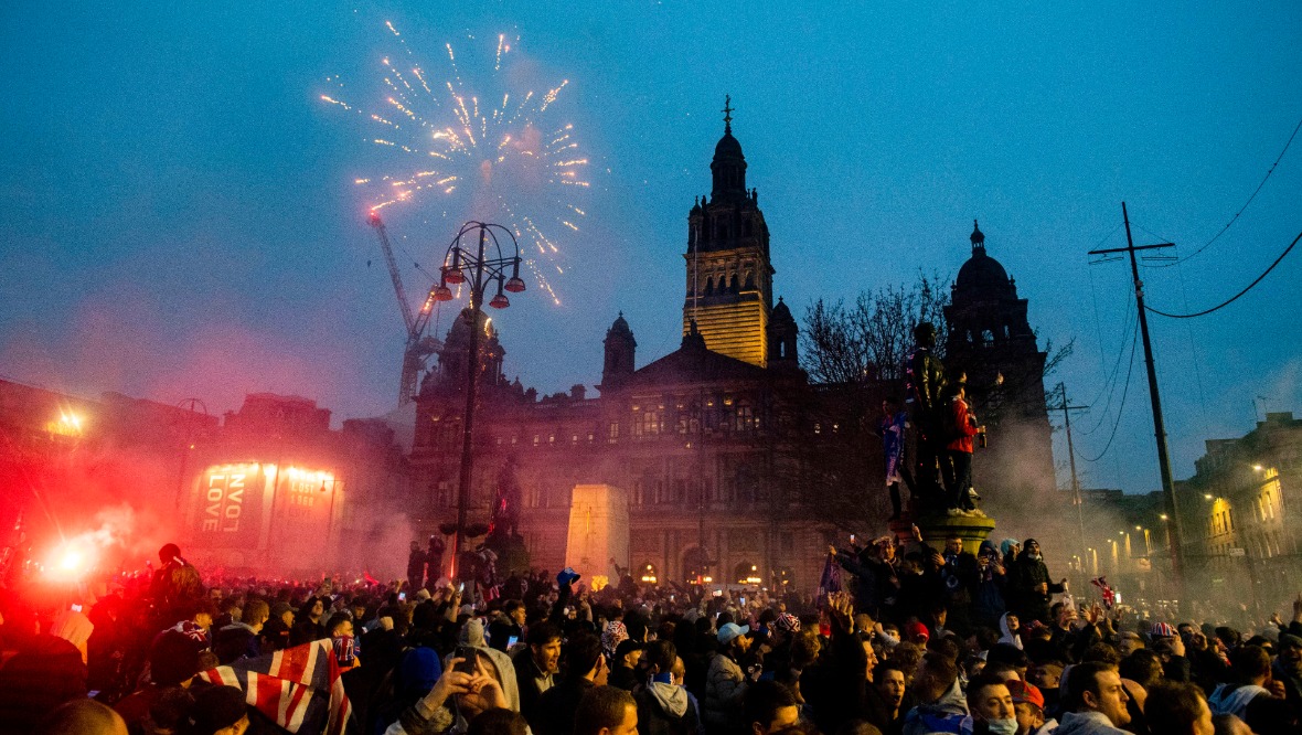 Rangers fans have gathered at George Square in Glasgow to celebrate the team's title win.