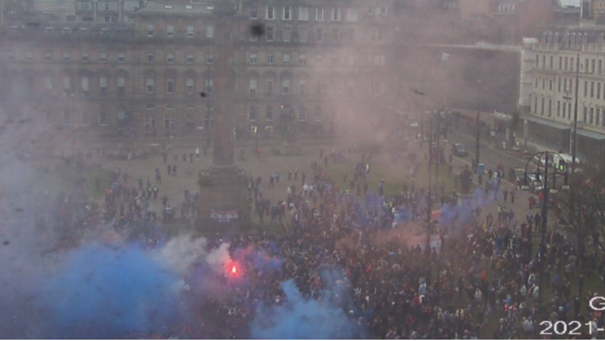 Rangers supporters pictured at George Square in Glasgow