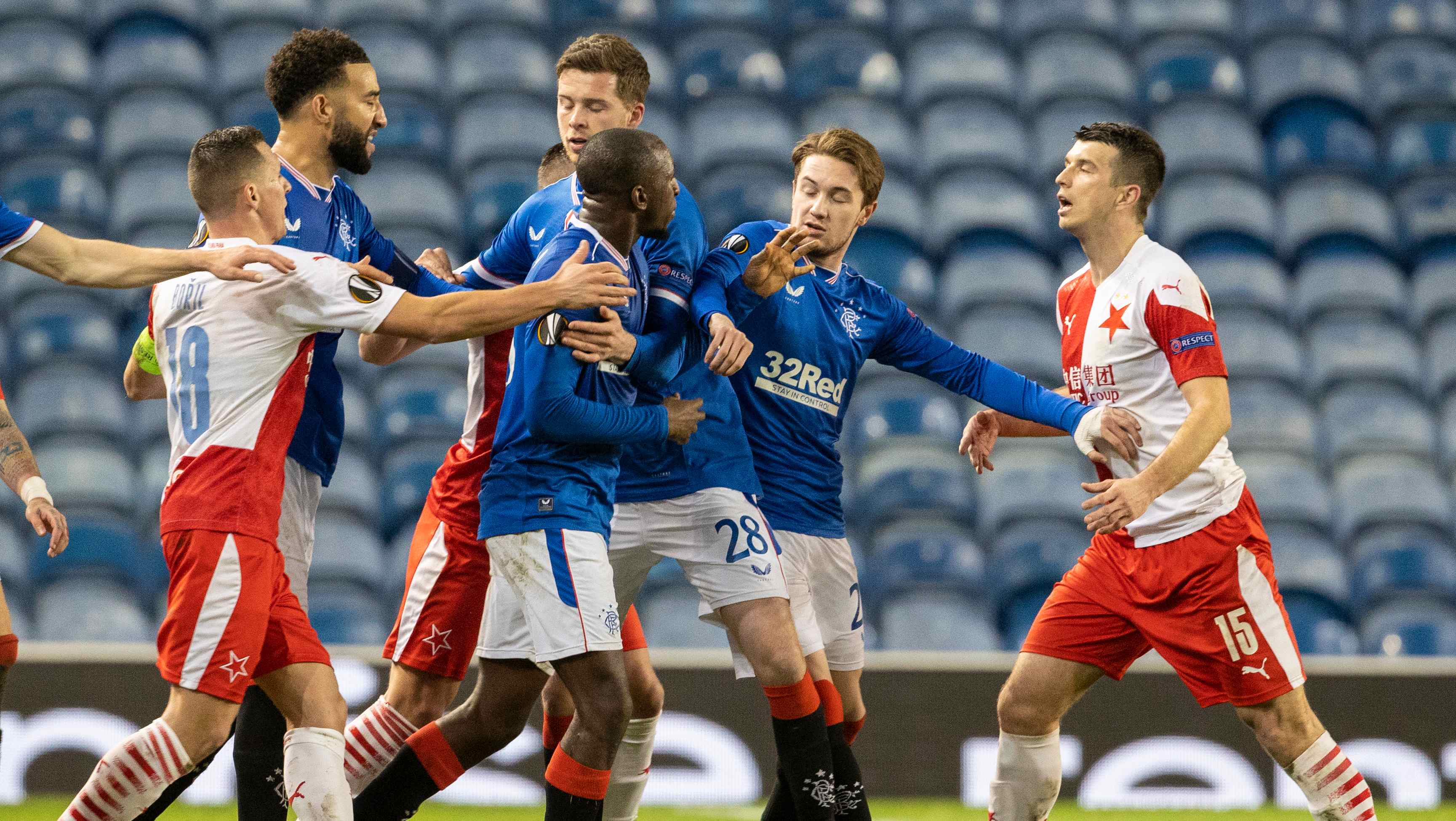  Rangers' Glen Kamara and Slavia's Ondrej Kudela on Thursday night.