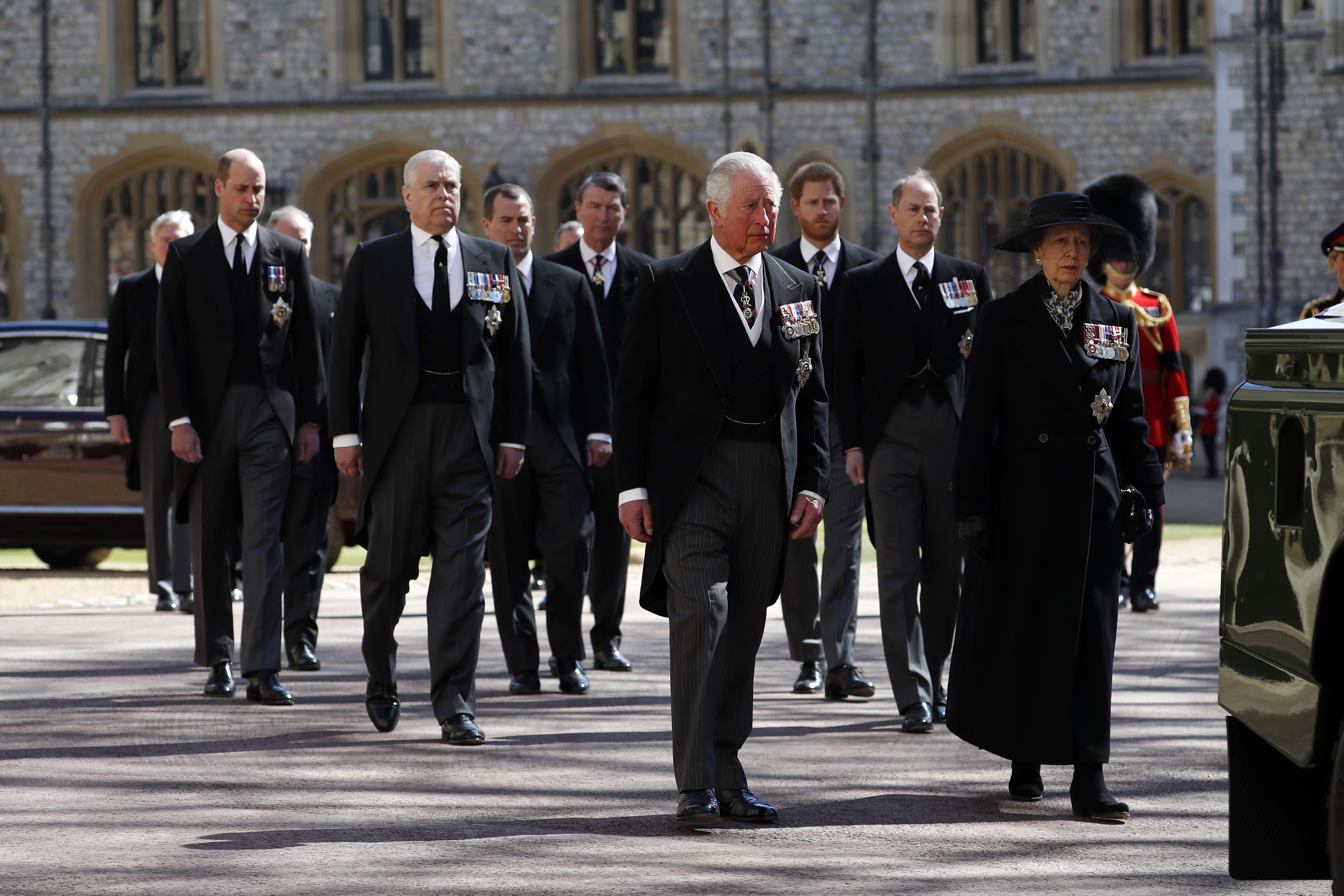 Princess Anne, Princess Royal, Prince Charles, Prince of Wales, Prince Andrew, Duke of York, Prince Edward, Earl of Wessex, Prince William, Duke of Cambridge, Peter Phillips, Prince Harry, Duke of Sussex, Earl of Snowdon David Armstrong-Jones and Vice-Admiral Sir Timothy Laurence follow Prince Philip's coffin.