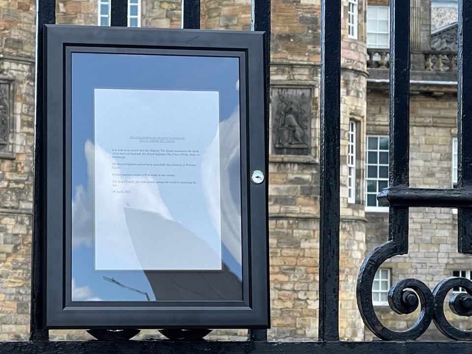 A notice confirms the Duke's death at Holyrood Palace in Edinburgh.