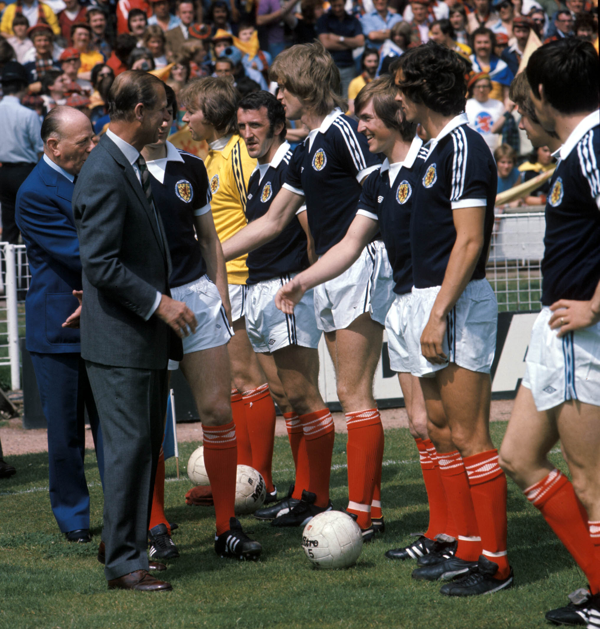 Prince Philip is introduced to (l-r) Danny McGrain, Gordon McQueen, Kenny Dalglish and Joe Jordon before Scotland beat England 2-1 at Wembley in 1977.