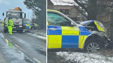 Police car crashes as springtime snow grips north Scotland